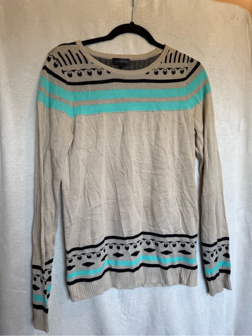 The Limited Beige Sweater with Aqua and Black Stripes